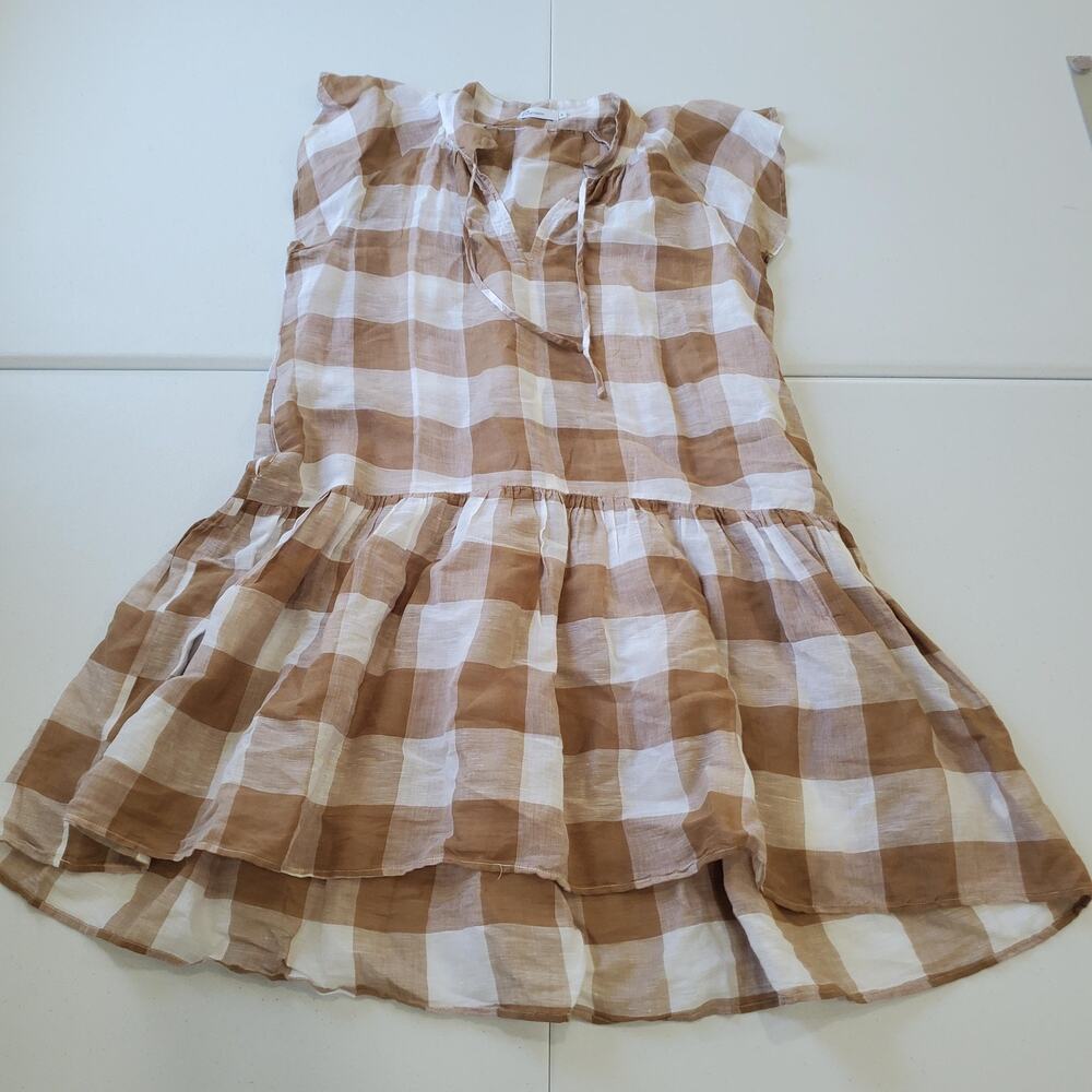 Zoe Kratzmann Dress Womens XS 0 Tan White Gingham Linen Cotton Tiered Boho Mini